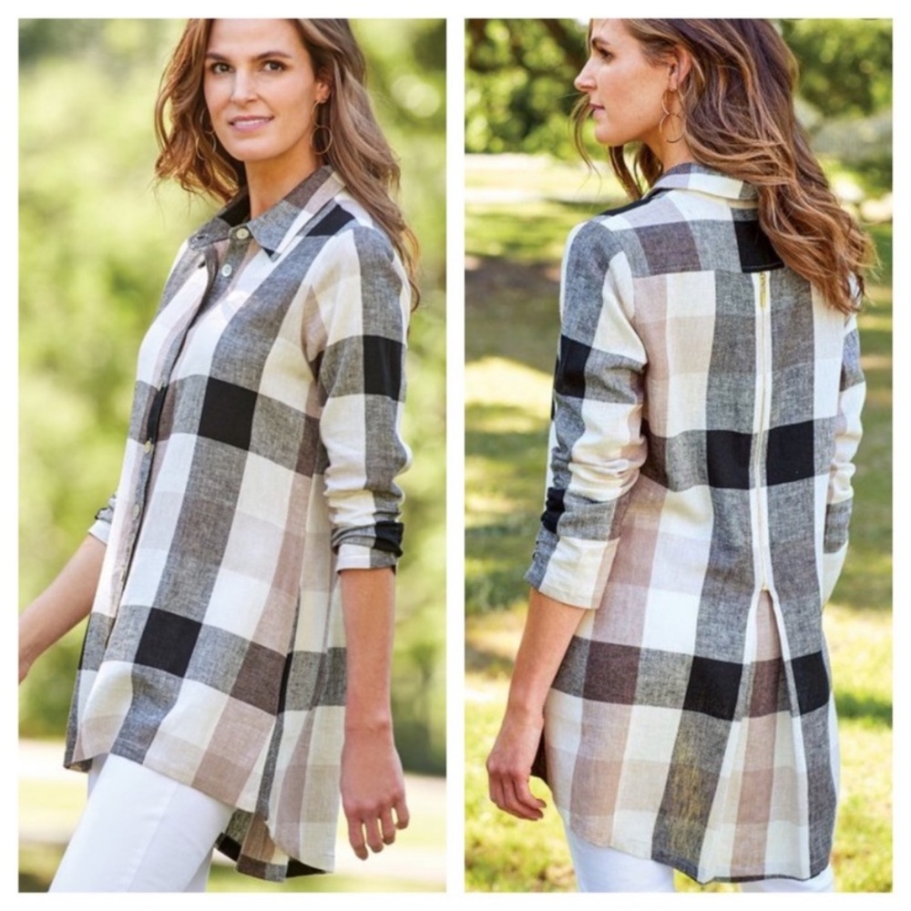 Soft Surroundings Carreaux Plaid Zip Back Button Up Shirt Size XS